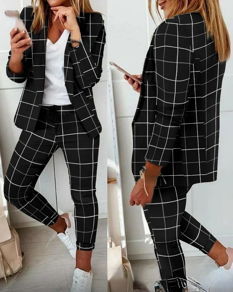Graduation Gifts  2023 autumn and winter new style women's fashion long sleeve casual checkered commuter suit female jacket and trousers two piece