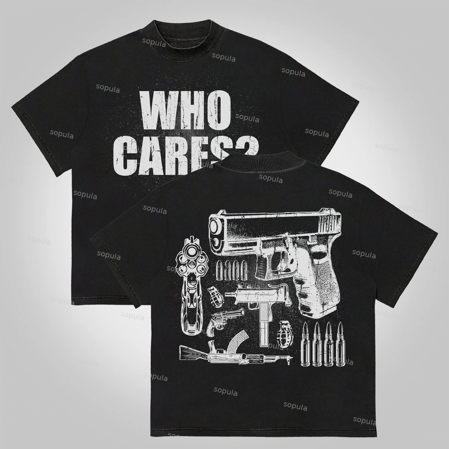 Sopula Who Cares？vintage Outlet Firearms Graphics Cotton T-shirt - SOPULA