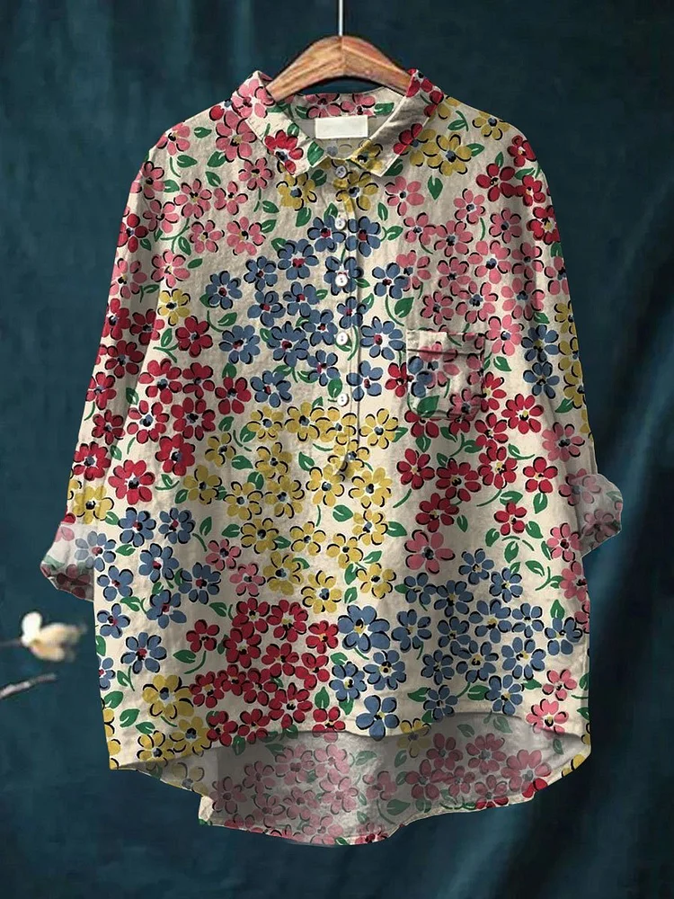 Women's Retro Flower Art Print Casual Cotton And Linen Shirt