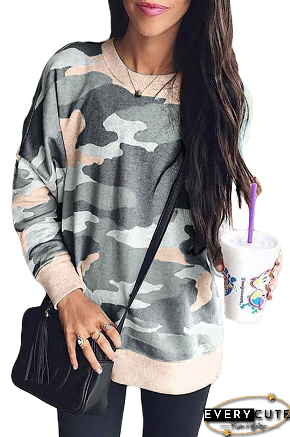 Khaki Green Digital Camo Print Sweatshirt