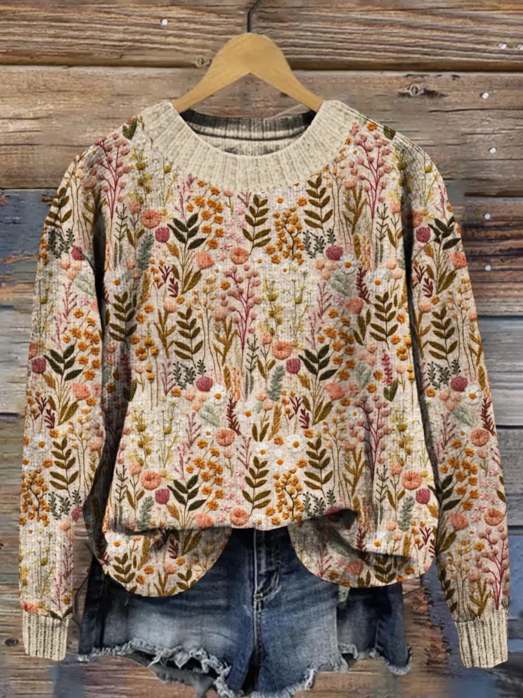Comstylish Wildflower Meadow Floral Embroidery Art Cozy Sweater