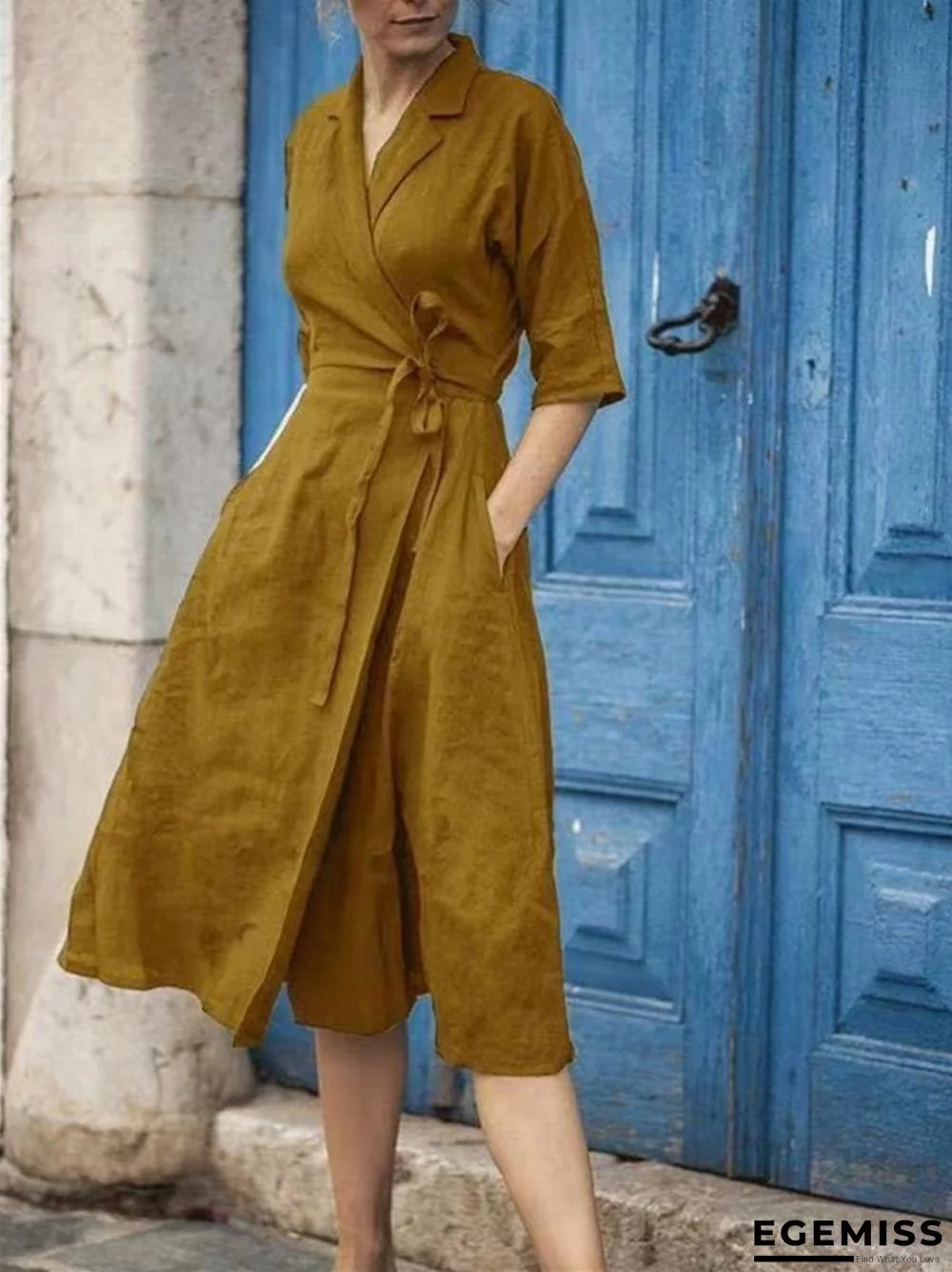 New Cotton Linen Medium Sleeve Lace Up Lapel Big Swing Dress | EGEMISS