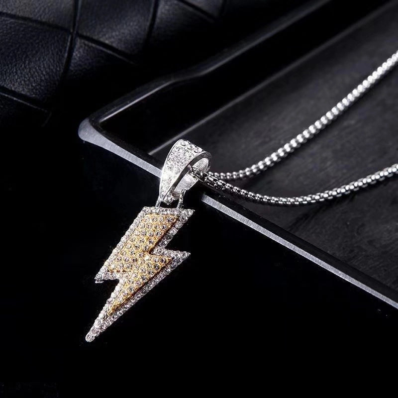 IG Style Hip-Hop Lightning Alloy Titanium Steel Inlay Rhinestones Unisex Pendant Necklace Men Pendant Necklaces