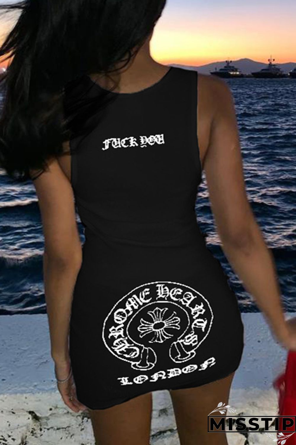 Black Fashion Sexy Spaghetti Strap Sleeveless U Neck Sling Dress Mini Print Dresses