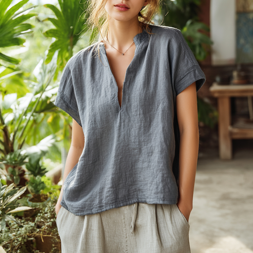 Casual Gray Linen V-neck Top For Summer