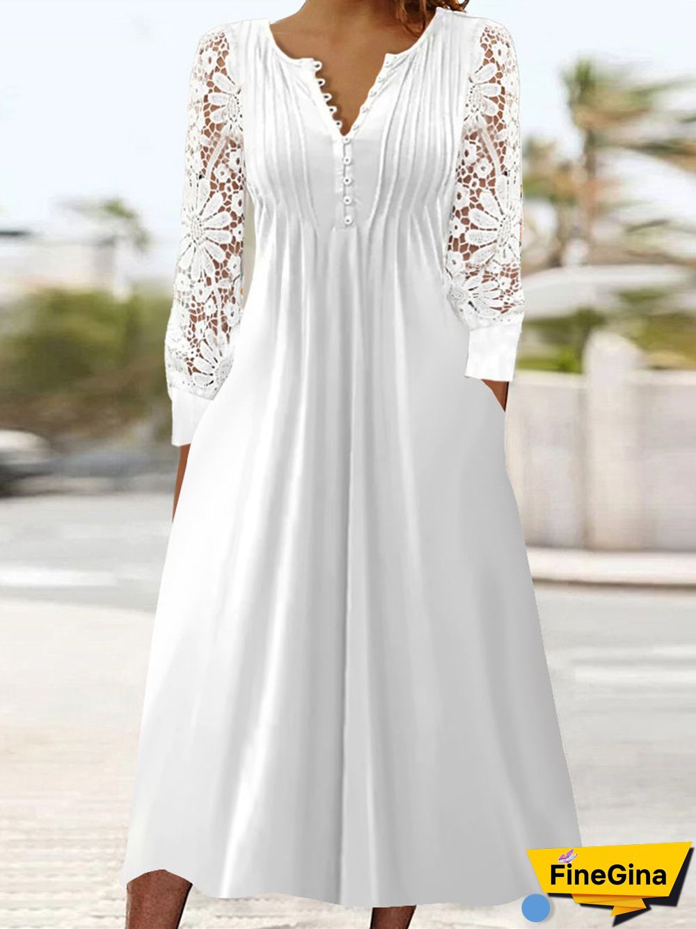 Women's Long Sleeve V-neck Floral Lace Midi Dress