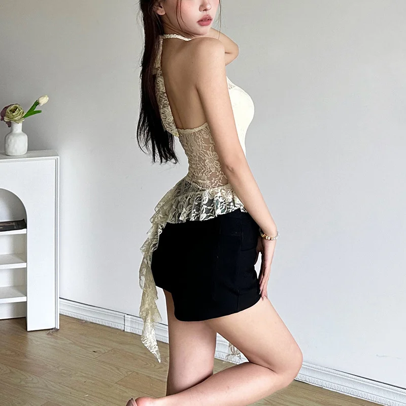 Uveng 2024 Summer New Women's Clothing Pure Desire To Hang The Neck Of The Open Back Irregular Side Of The Small Vest