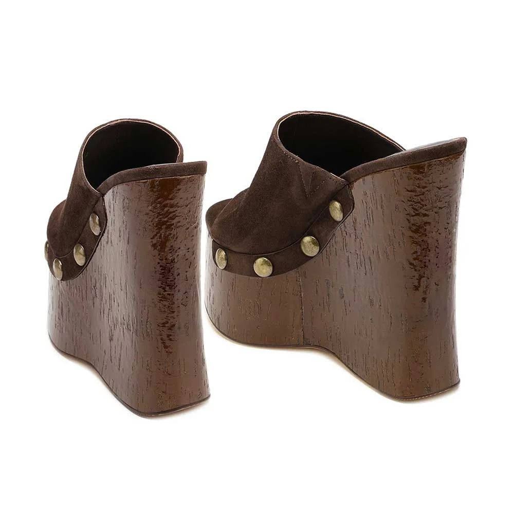 Chocolate Brown Studded Platform Wedge Heel Women's Mules Shoes