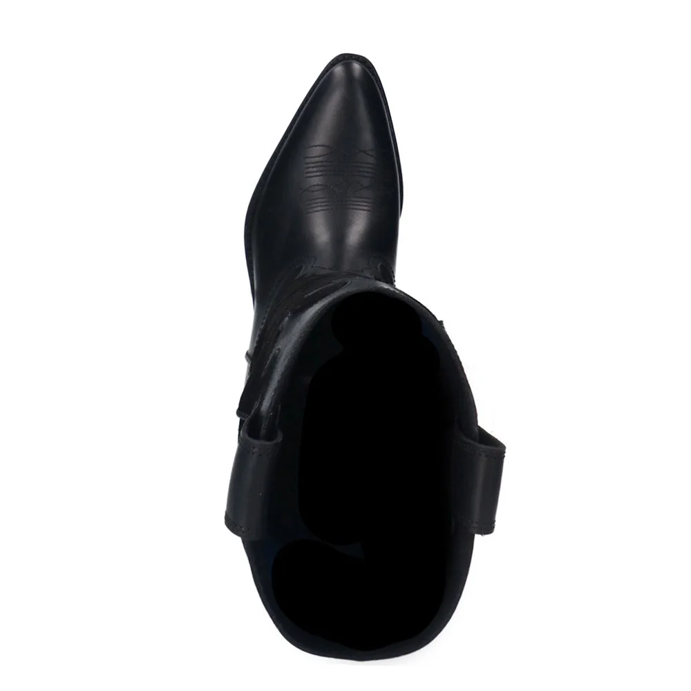 Black Pointed Toe Chunky Heel Pull On Embroidered Cowgirl Boots