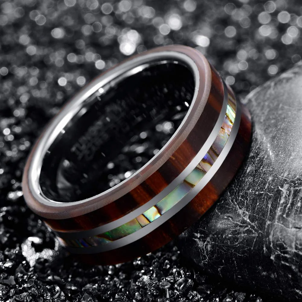 8MM Wood Abalone Shell Inlay Tungsten Carbide Matching Rings Couple Wedding for Mens Womens Comfort Fit