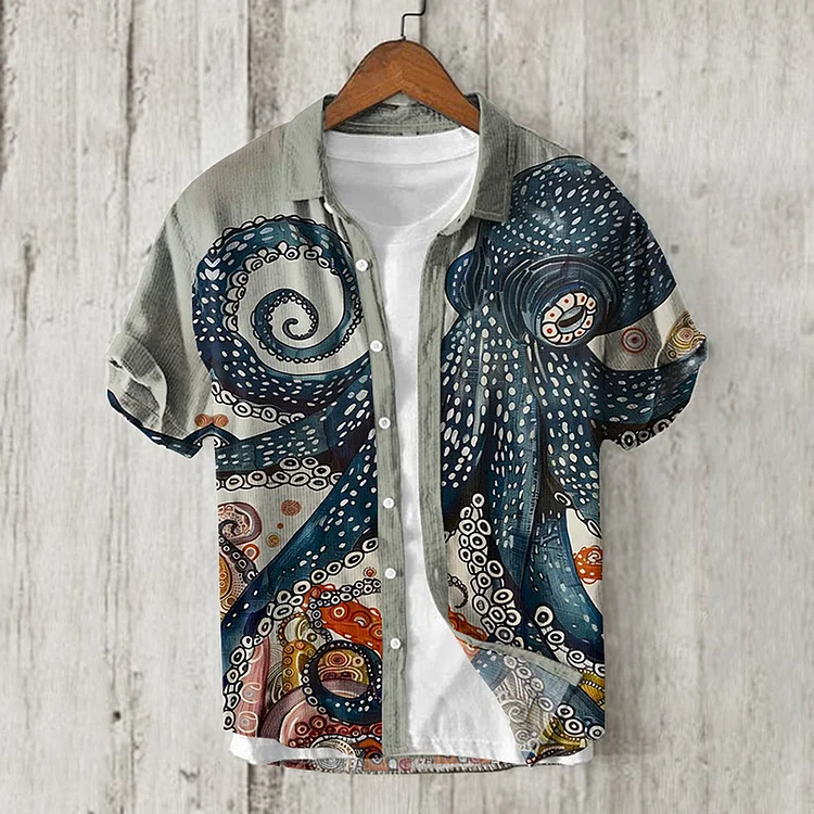 Comstylish Men's Octopus Art Printed Button Casual Shirt