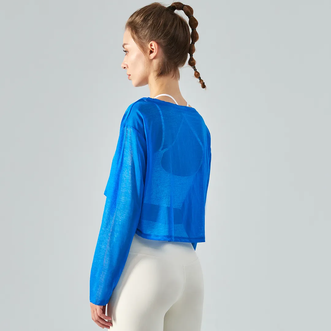 Hergymclothing Klein Blue women's polyester long sleeve breathable thin lightweight loose workout crop top for summer online shopping