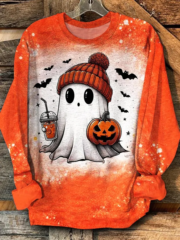 Women's Ghost Pumpkin Print Crew Neck Sweatshirt 