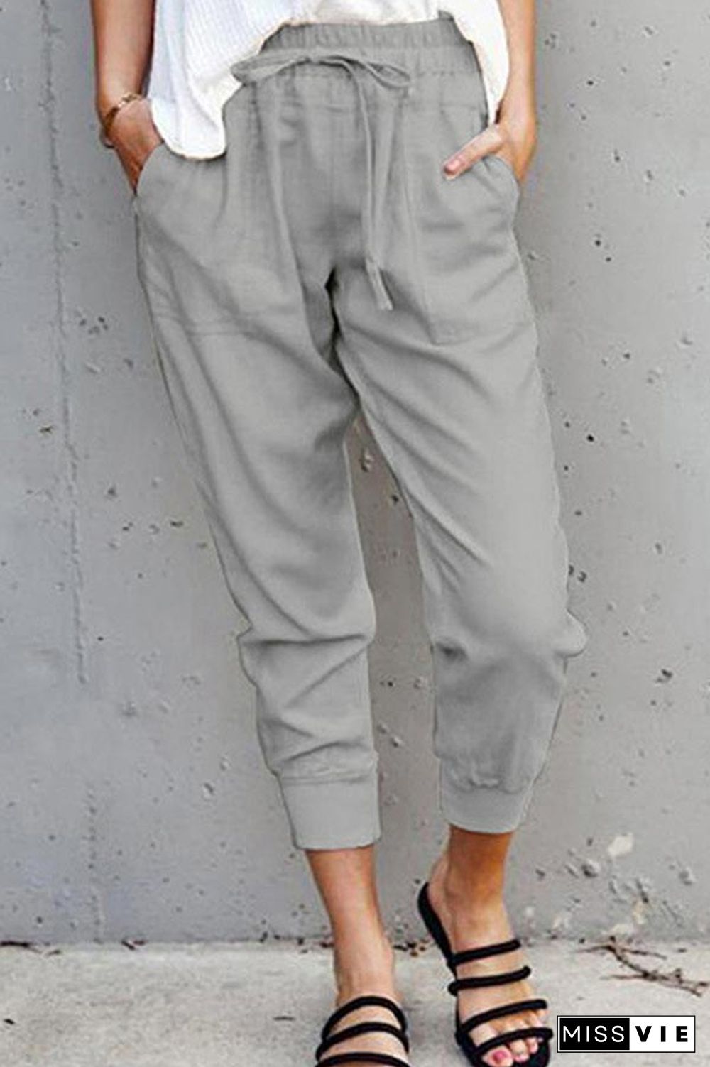 Casual Solid Lace-up Slim Cropped Trousers