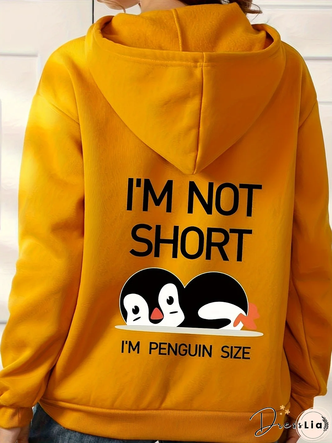 Penguin Graphic Casual Sports Hooded Sweatshirts, Animal Print Drawstring Hoodies With Front Pocket, Women's Sporty Sweatshirts