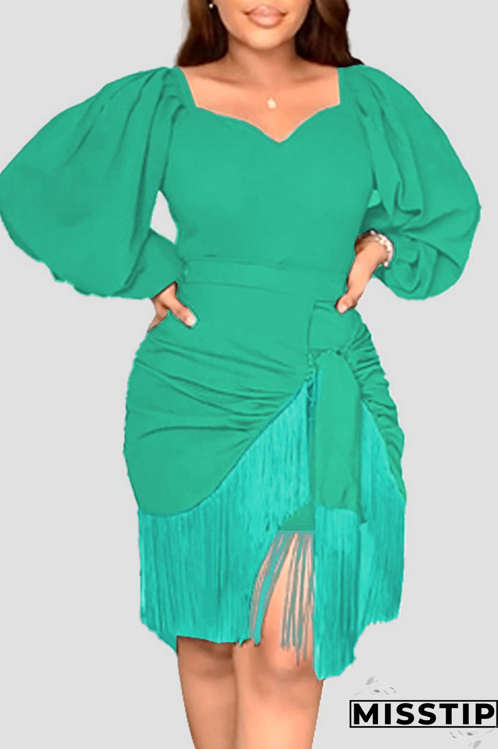 Green Casual Solid Tassel Patchwork Asymmetrical V Neck Straight Dresses