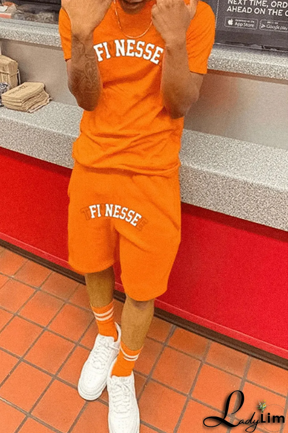 Tangerine Red Casual Print Patchwork O Neck Short Sleeve Two Pieces