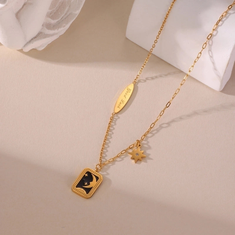 1 Piece Temperament 18K Real Gold Stainless Steel Dripping Letter Eight-Pointed Stars Square Plate Pendant Necklace Women’s Sweater Chain