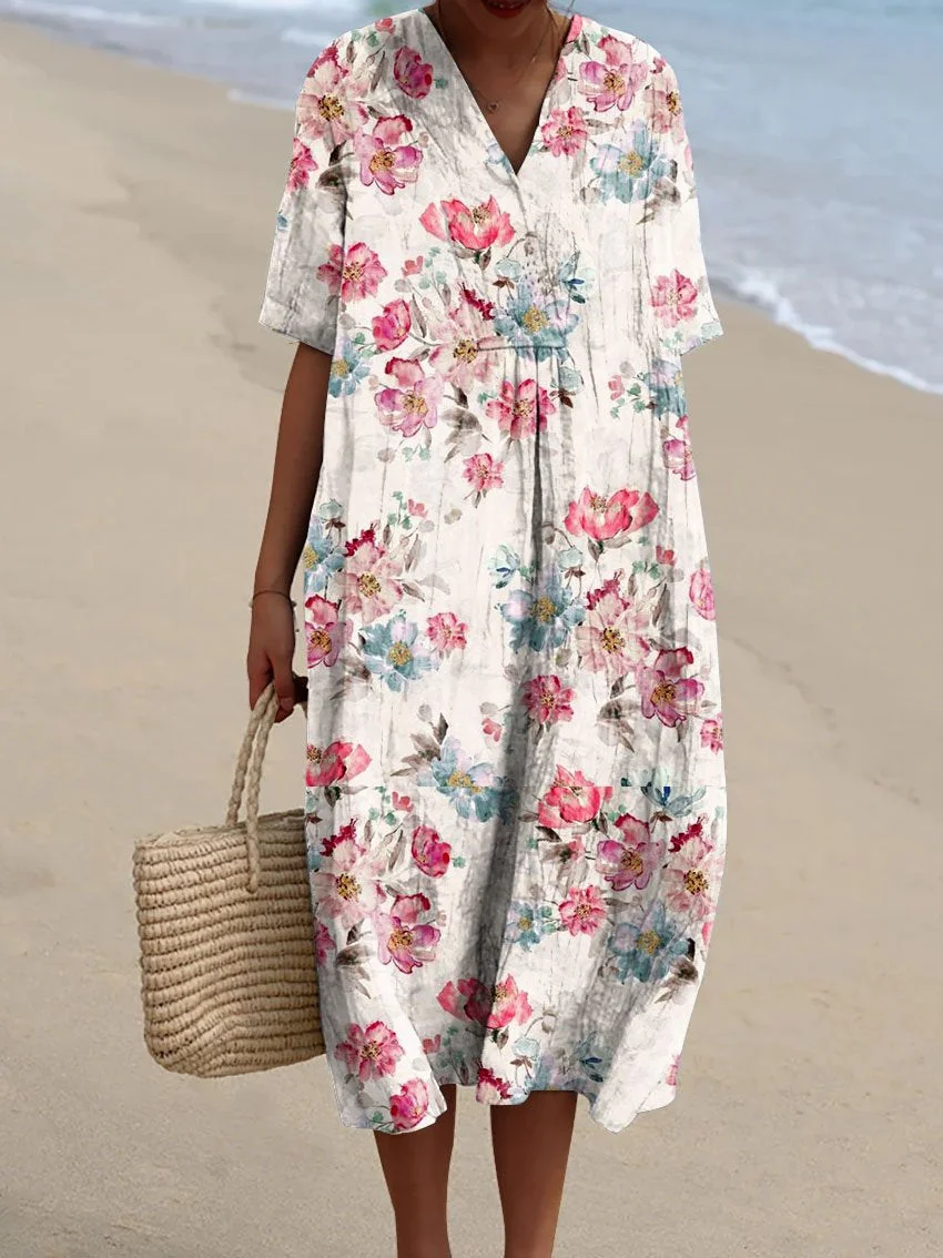 Women's Red Bouquet Print Pocket Linen Dress
