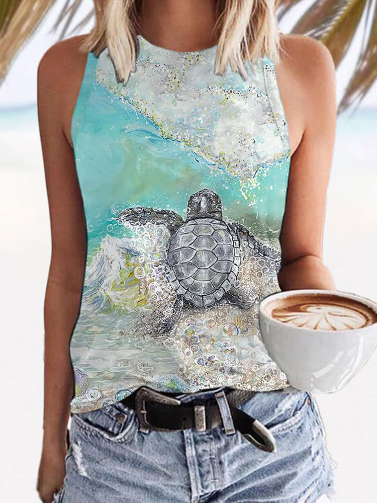 Comstylish Ocean Turtle Print Sleeveless Tank Top