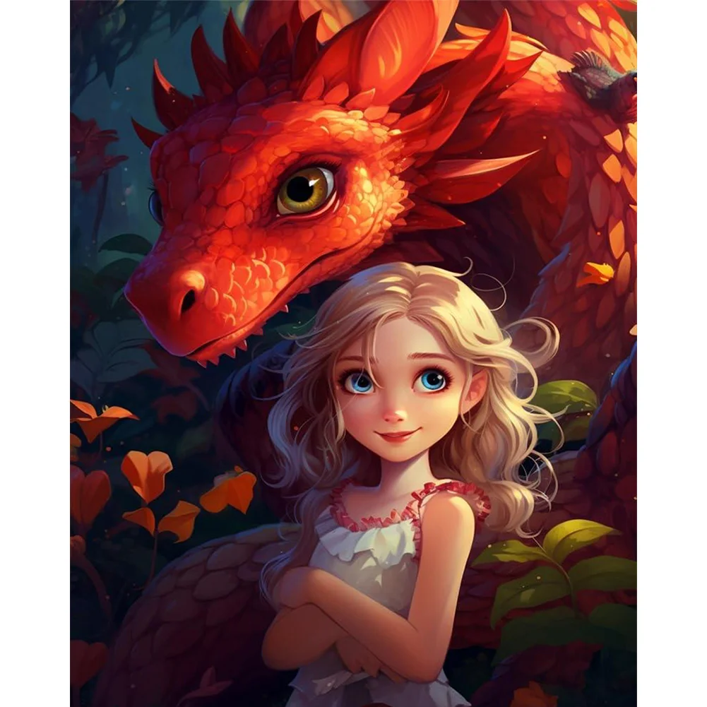 9CT Full Cross Stitch Bead Embroidery - Girl Dragon(Canvas|40*50CM)