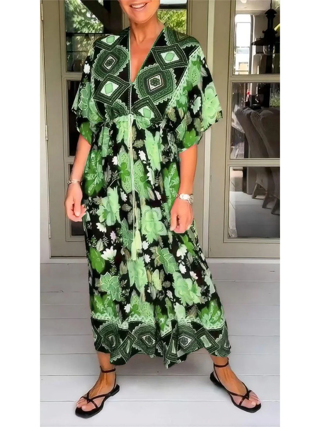 Style & Comfort for Mature Women Women's Short Sleeve V-neck Graphic Printed Maxi Dress