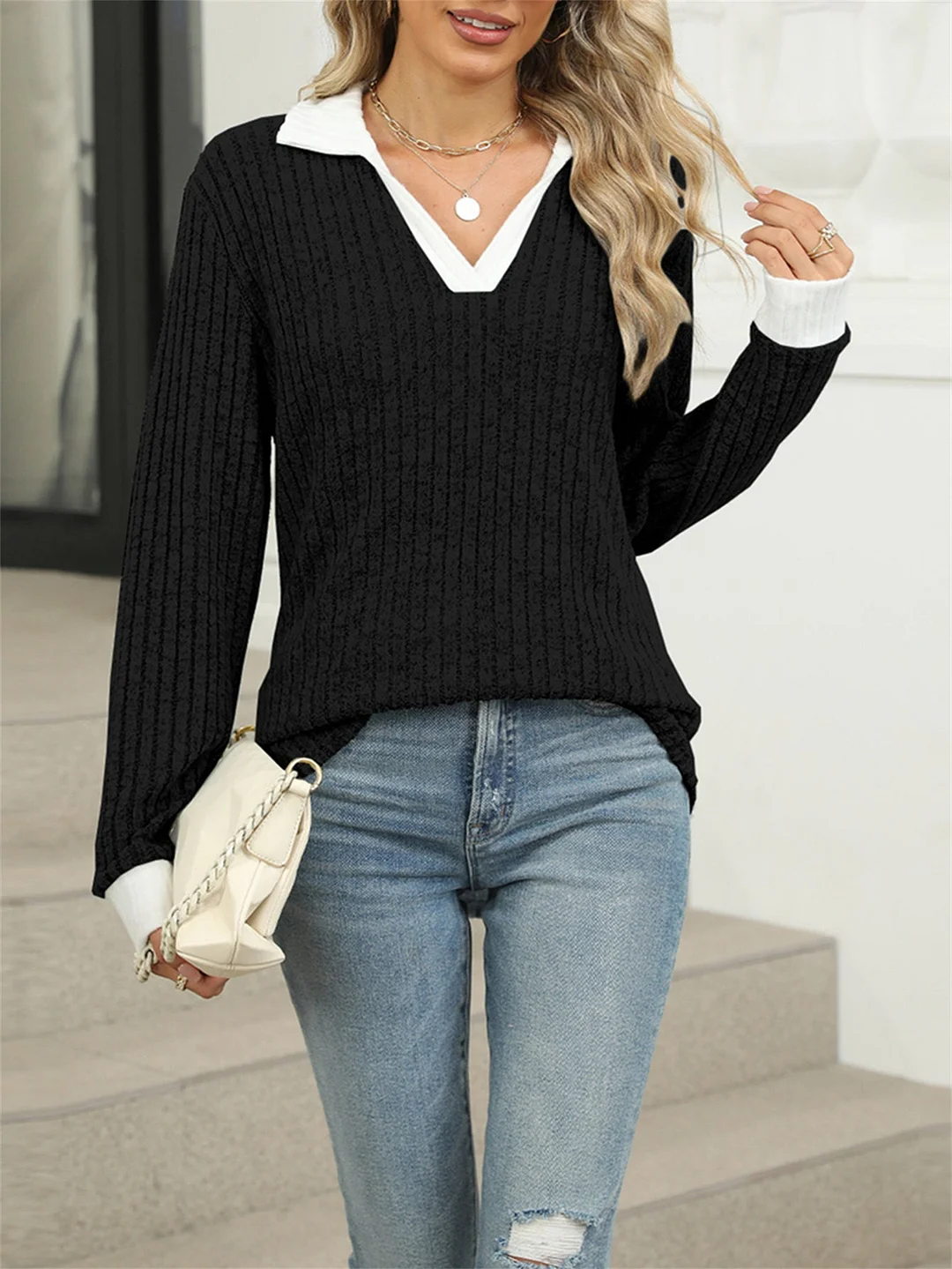 Women Long Sleeve V-neck Colorblock Tops