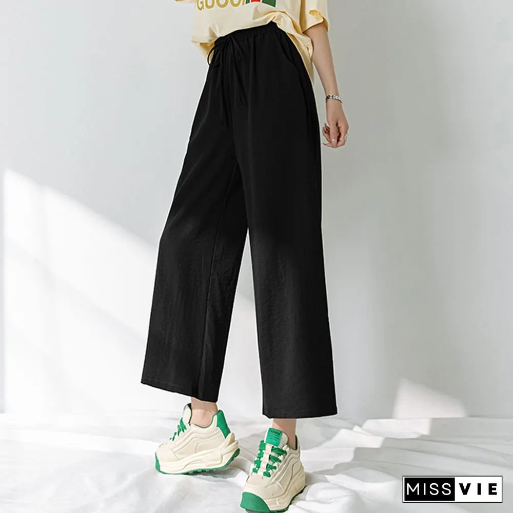 Chic Streetwear Women Y2k Cotton Linen Wide Leg Pants Summer Elastic Waist Ankle-length Pants Lace Up Harajuku Casual Pants