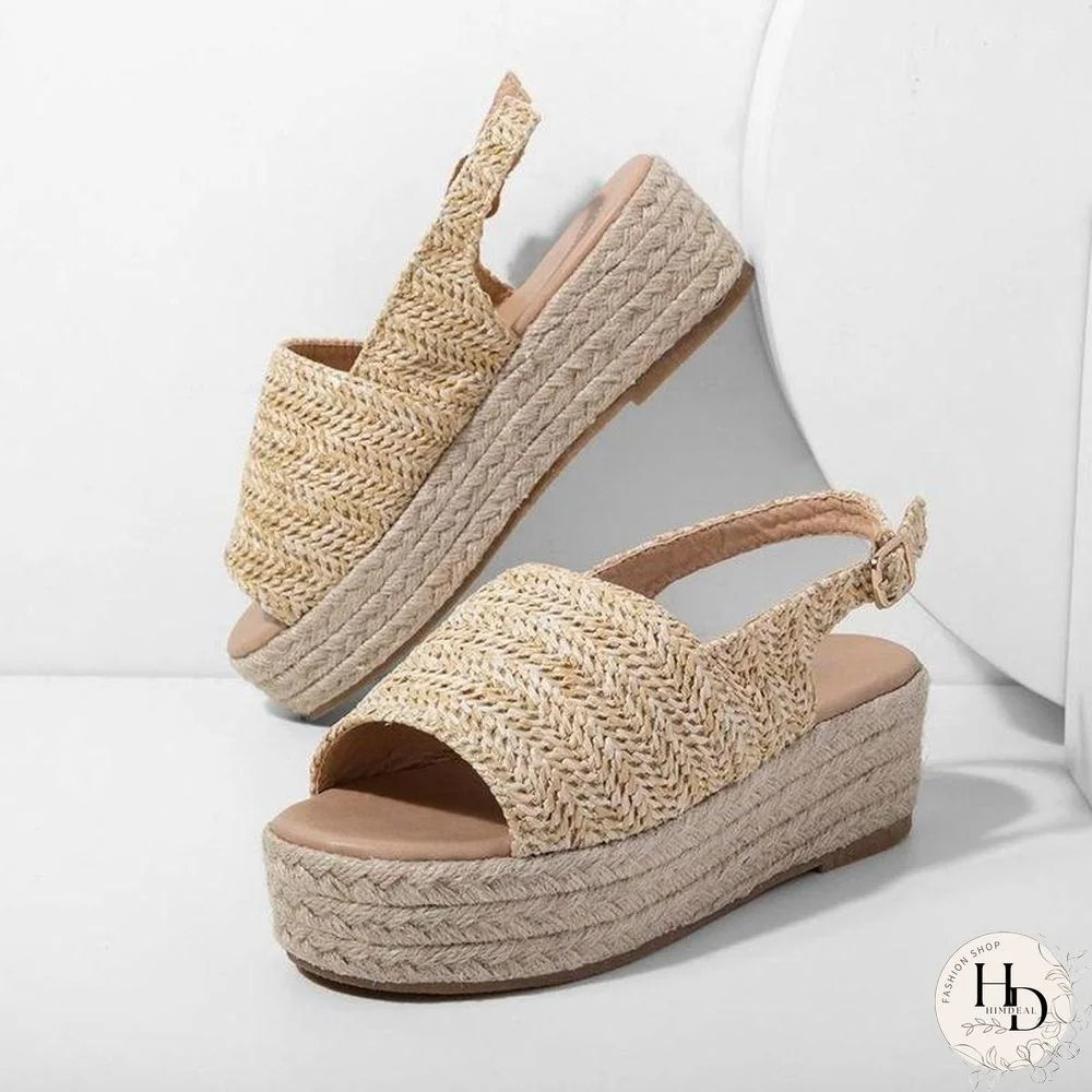 Straw Plaited Thick-Soled Buckle Sandal