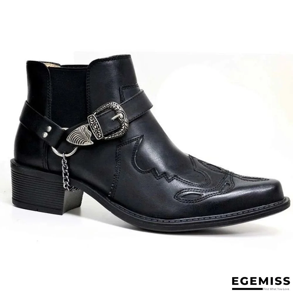 New Short Boots Fashion Personalized Belt Buckle Thick Heel Pointed Martin Boots Men's Boots | EGEMISS