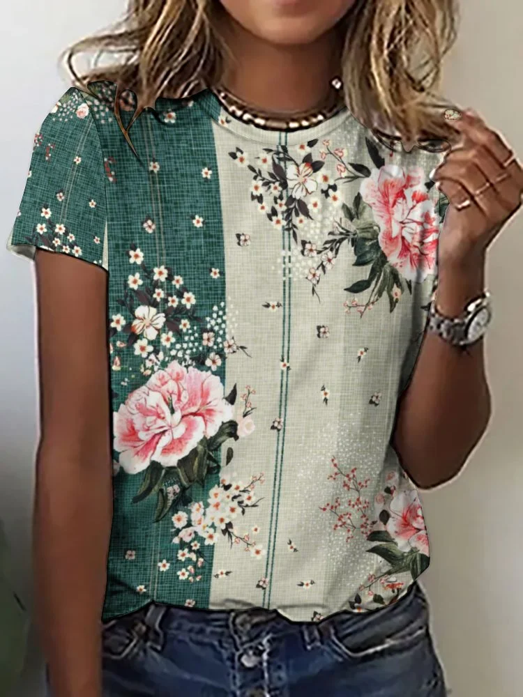 Printed Short Sleeve Casual T-shirt for  Women and Men Unisex Pattern Floral,Pink,Green,Stitch