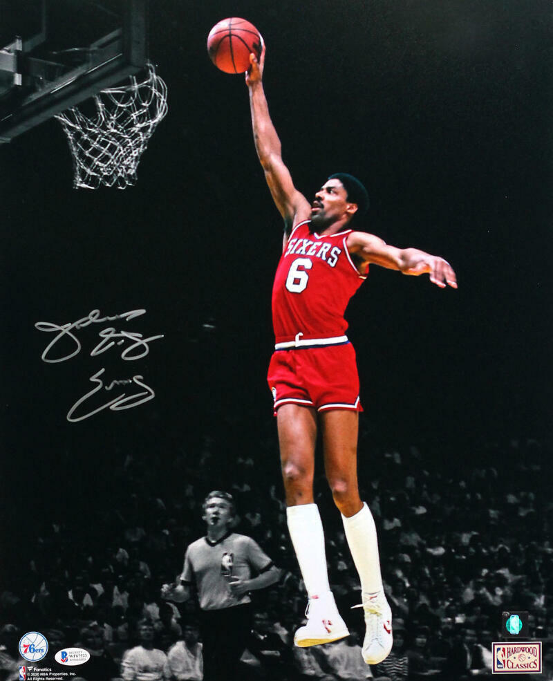 Julius Erving Signed 76ers 16x20 FP B&W Spotlight Dunk - Beckett W Auth *Silver