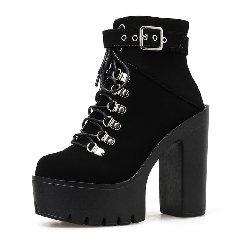 Gdgydh Lace Up Women Boots Platform Buckle Boot Winter Shoes Thick Heel Autmn Boots With Zipper Ankle Strap Black Suede Gothic