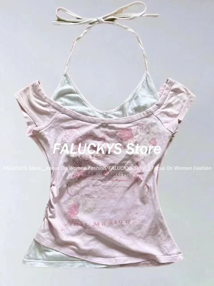 Aonga Summer Retro Purple Halter Fake Two Piece Print T-Shirt Women Y2K Streetwear Hot Girl Slim Fit Harajuku Fashion Casual Tops New aonga