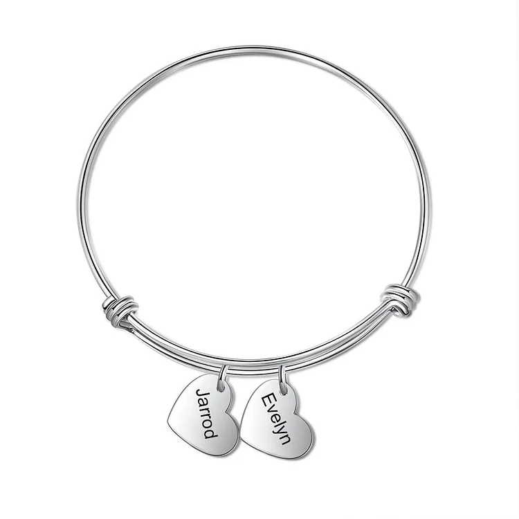 Heart Bangle Bracelet Engraved 2 Names Personalized with 2 Heart Charm