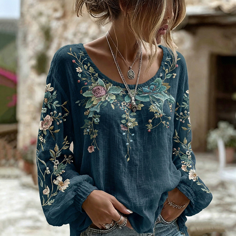 Women's Retro Floral Pattern Long Sleeve Linen Blend T-shirt elevenforest