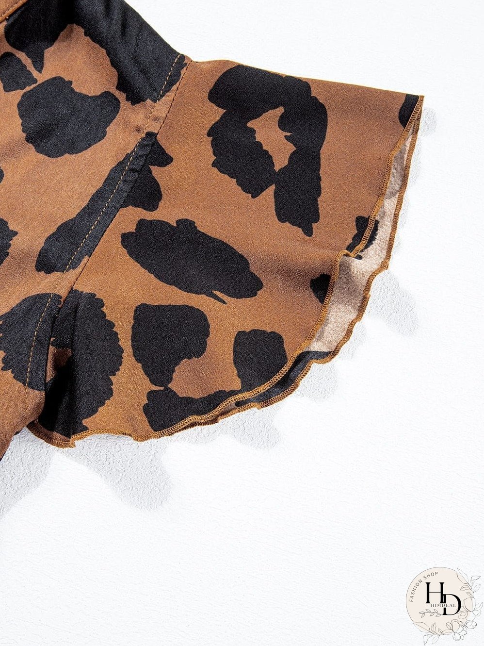Leopard Print Split Neck Ruffle Sleeve Brown Blouse