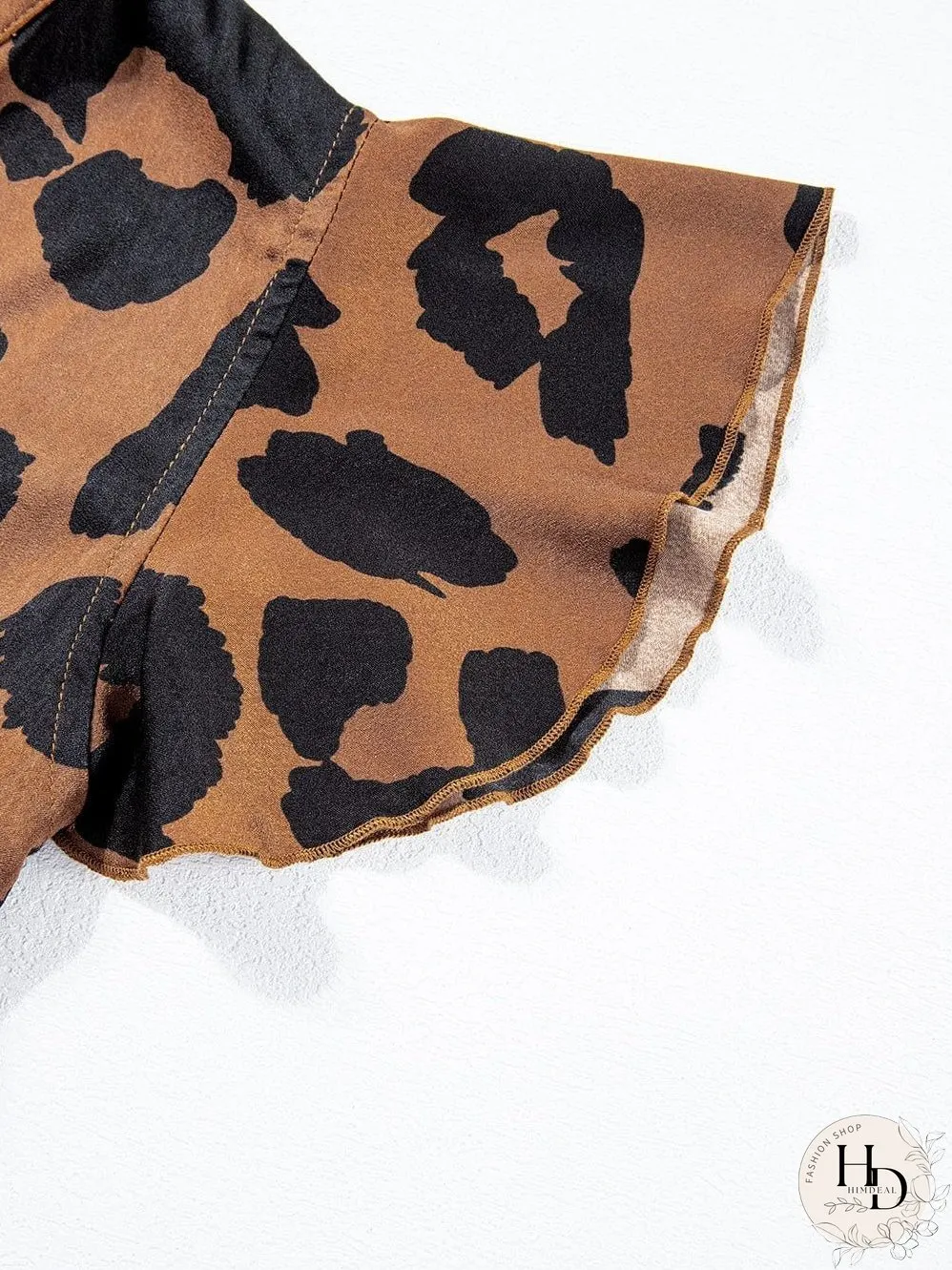 Leopard Print Split Neck Ruffle Sleeve Brown Blouse
