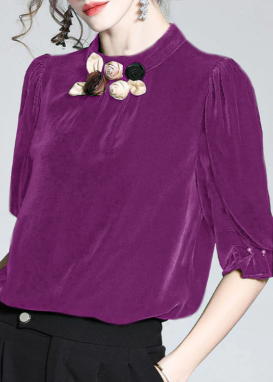 VCSHOES Purple Stand Collar Floral Silk Velour Top Short Sleeve
