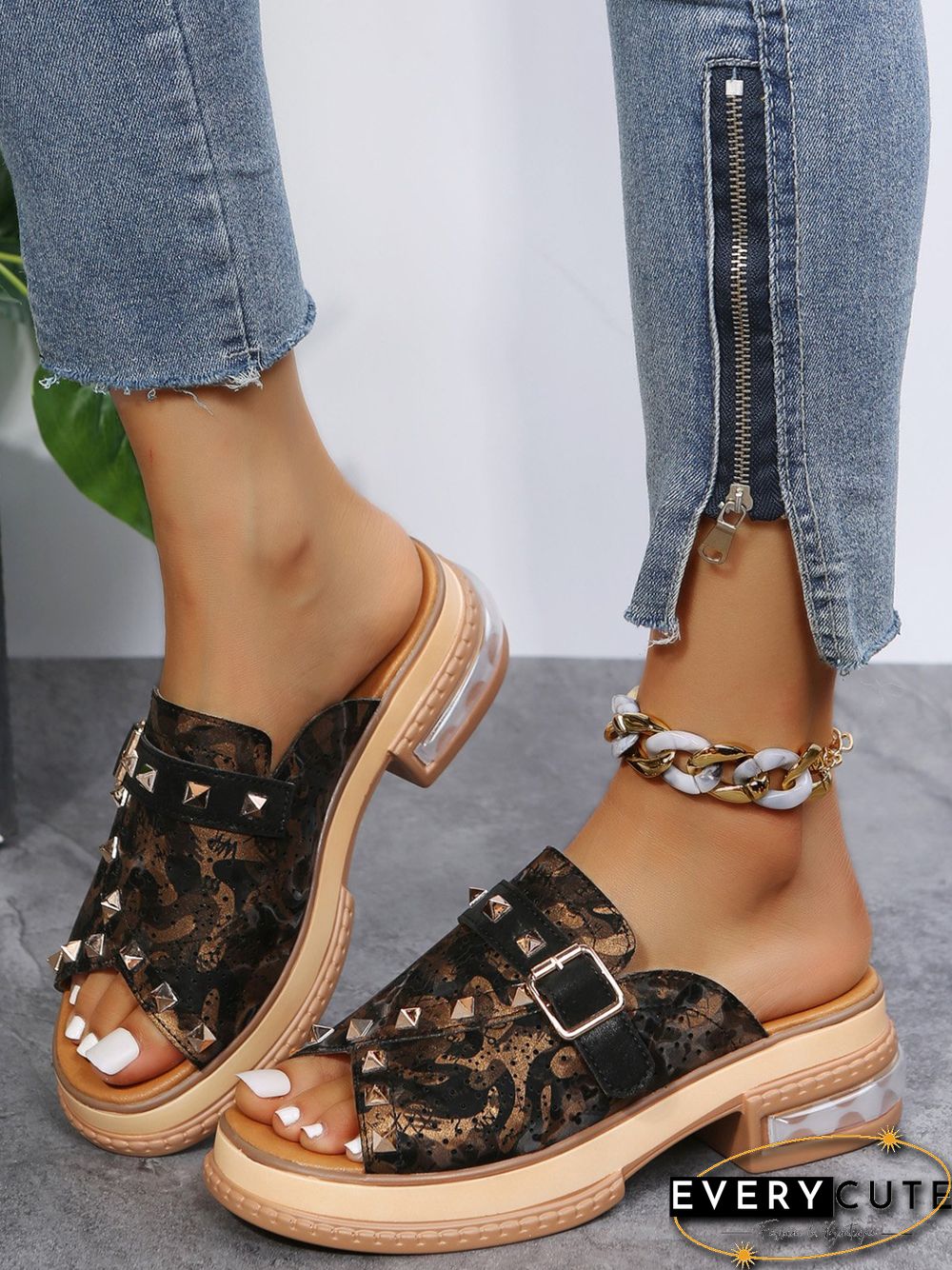 Urban Studded Snake Print Chunky Heel Slippers