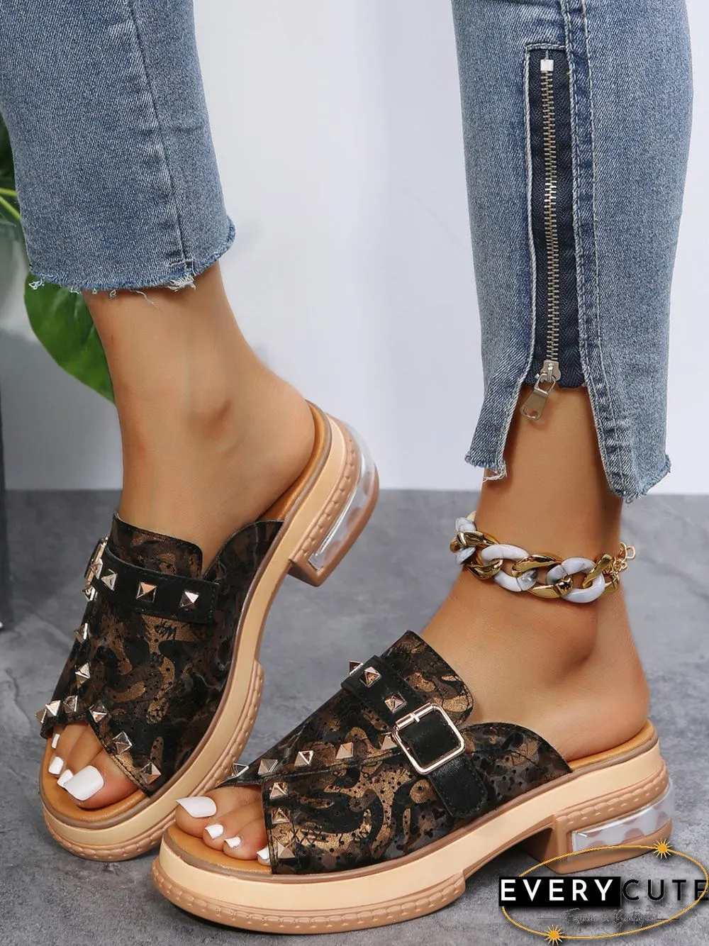 Urban Studded Snake Print Chunky Heel Slippers