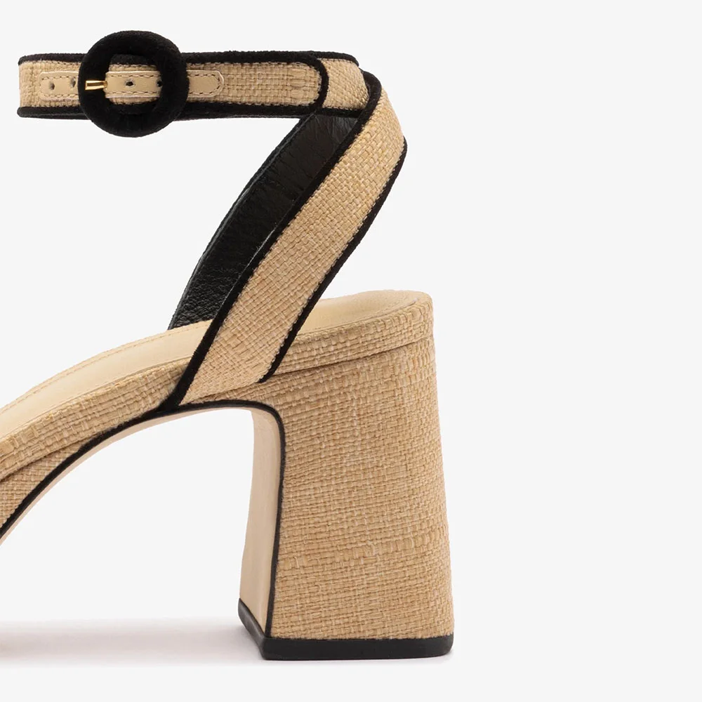 Beige Raffia Ankle Strap Block Heel Platform Sandals with Buckle