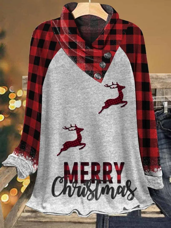 Turtleneck Merry Christmas Elks Print T-shirt