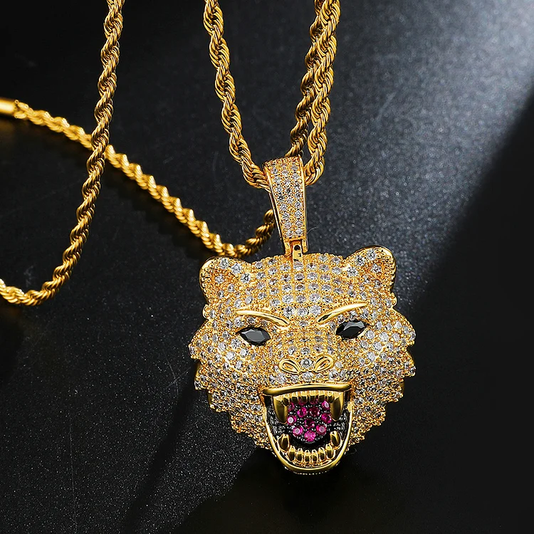 Iced Out Cubic Zircon CZ Wolf Head Solid Back Necklaces &Pendants