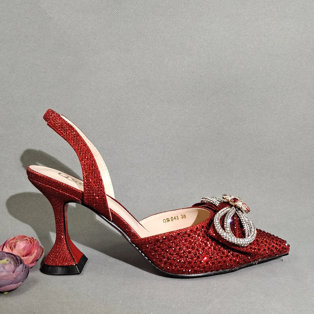 QSGFC 2022 Popular pointed Full of diamonds and shiny shoes with bags, banquet shoes and bags, and friends party shoes with bags