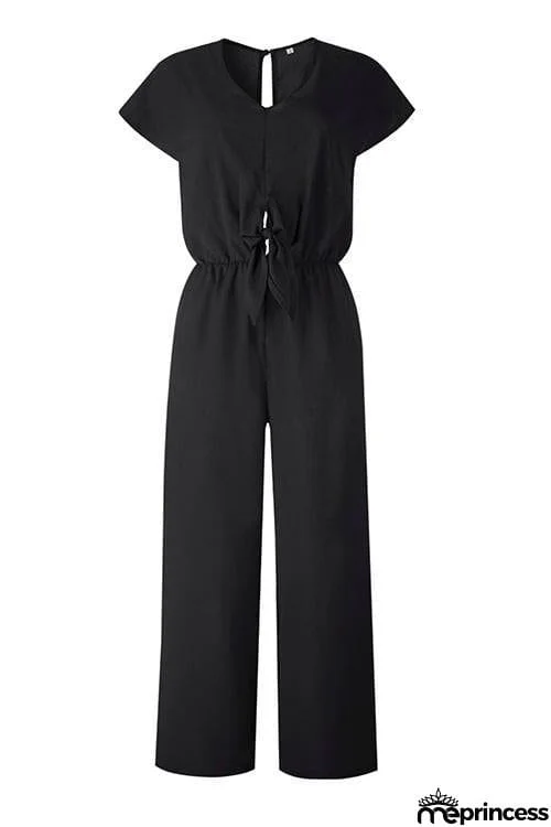 V Neck Knot Short Sleeve Jumpsuit