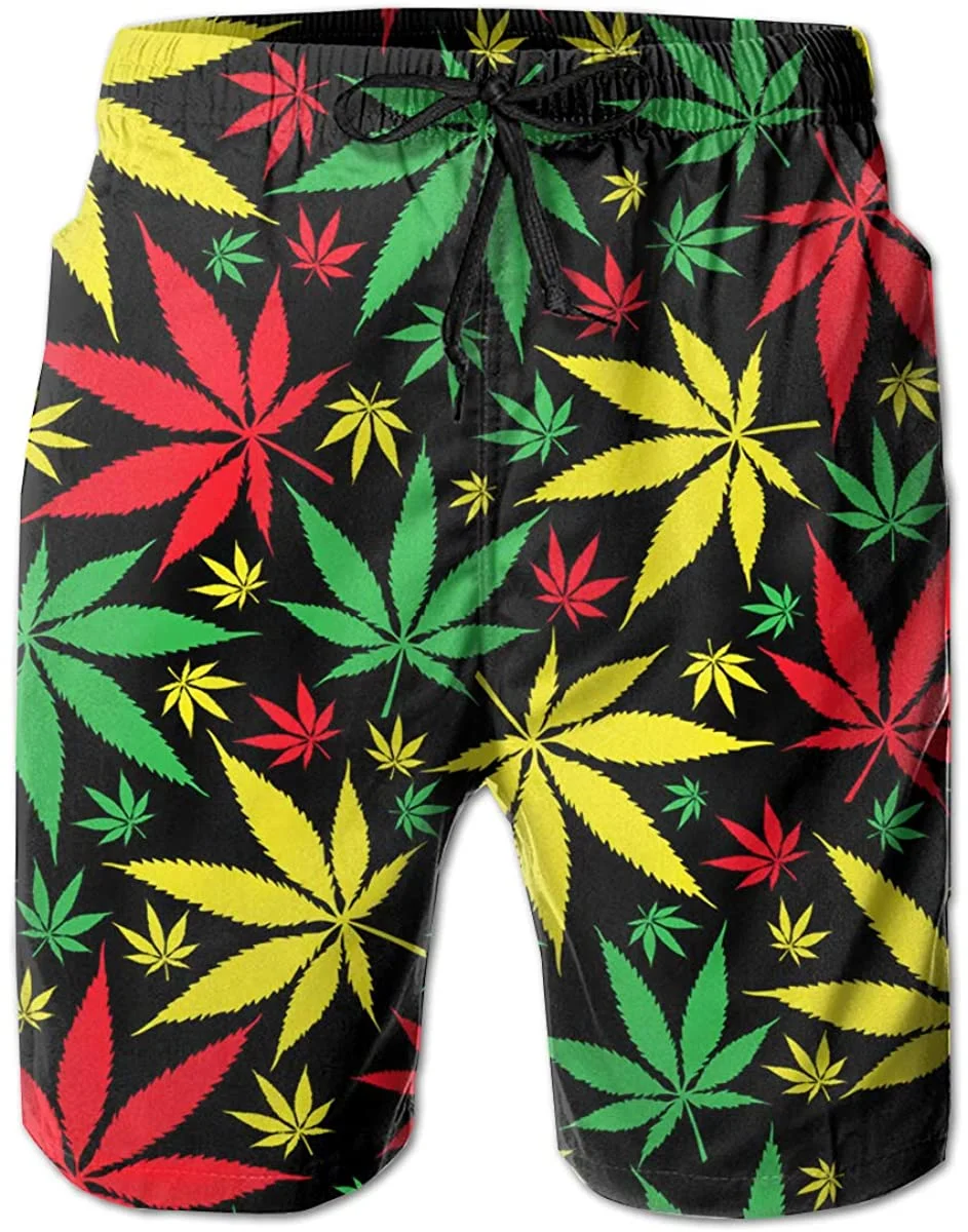 Men's Swim Trunks Jamaican Marijuana Weed Leaf Yellow Red Green Black Surfing Beach Board Shorts Swimwear
