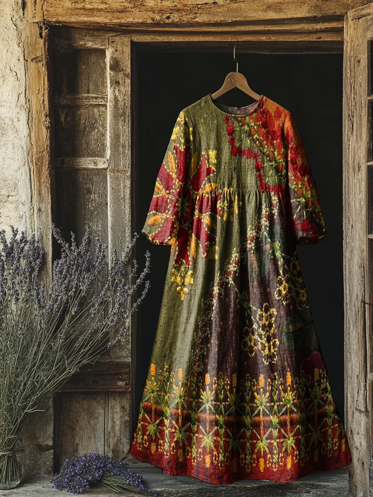 Women's Vintage Patchwork Flower Art Print Flowy Cotton Crew Neck Dress