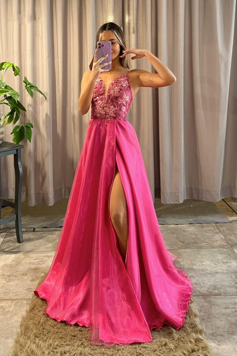 Lisliy Pink Long Prom Dress With Slit A Line V-Neck Lace Appliques 