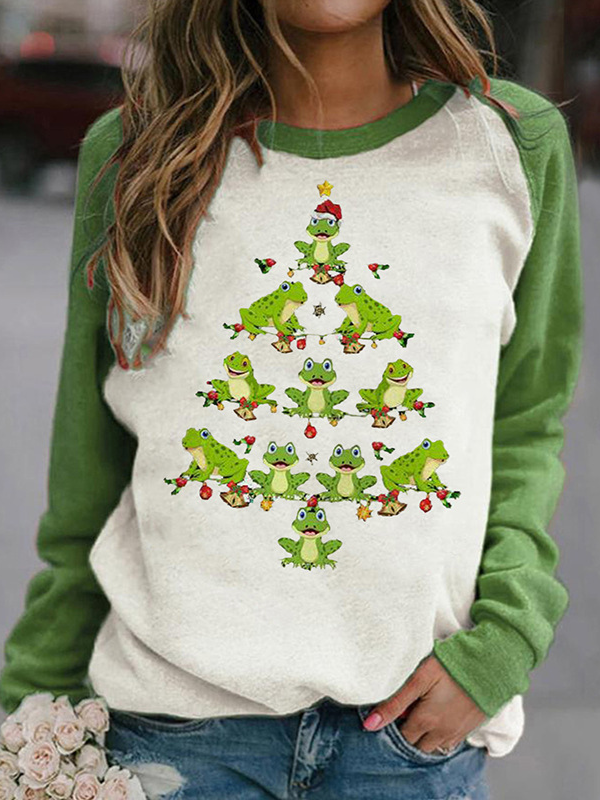 Women's Christmas T-Shirt Frog Christmas Tree Print Crew Neck Long Sleeve Top